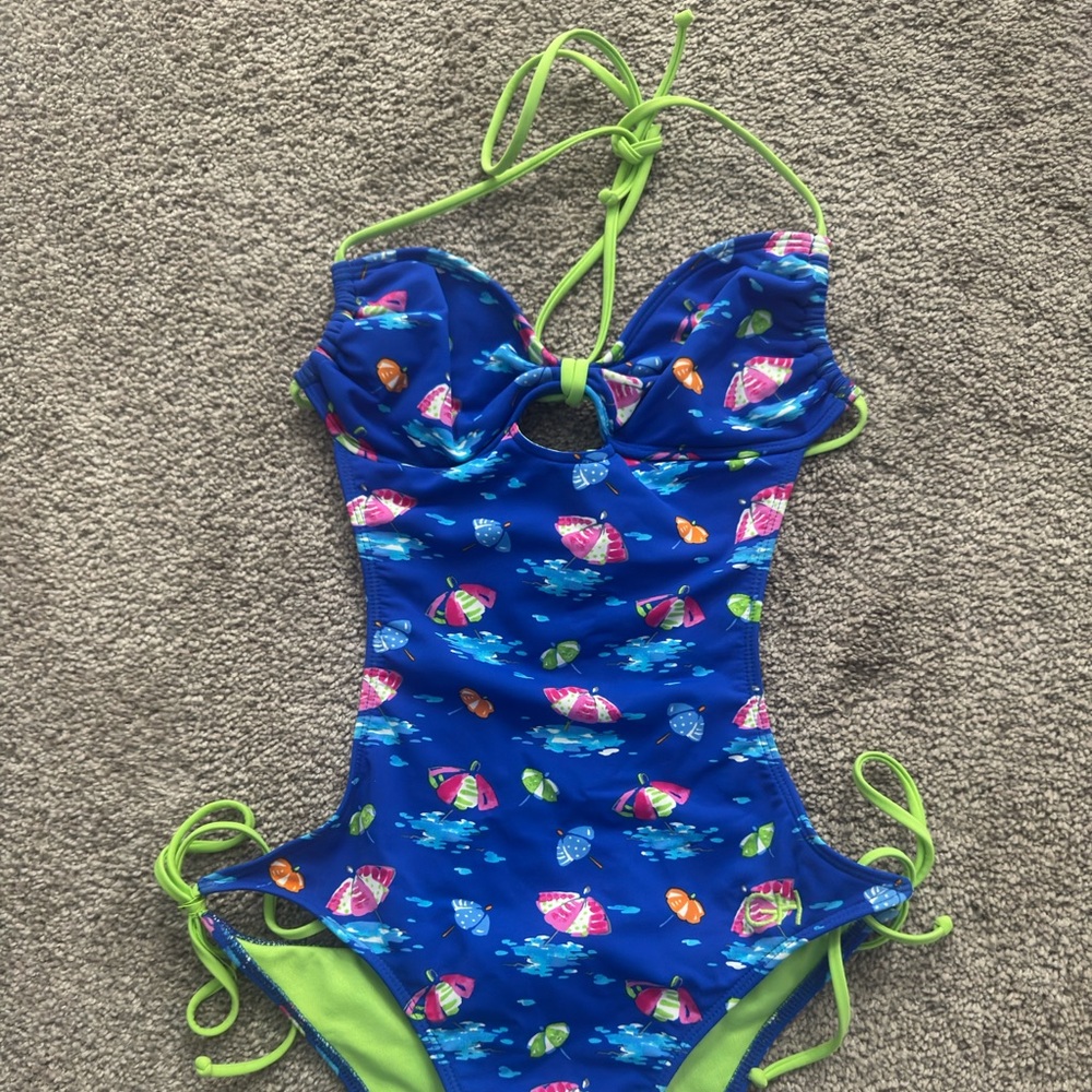 Gilly Hicks Monokini Swimsuit Small Blue Umbrella Print Keyhole Cut Out